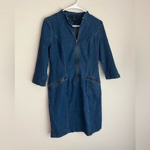 Metro Blues-Blue denim dress with zipper pockets, front zippered